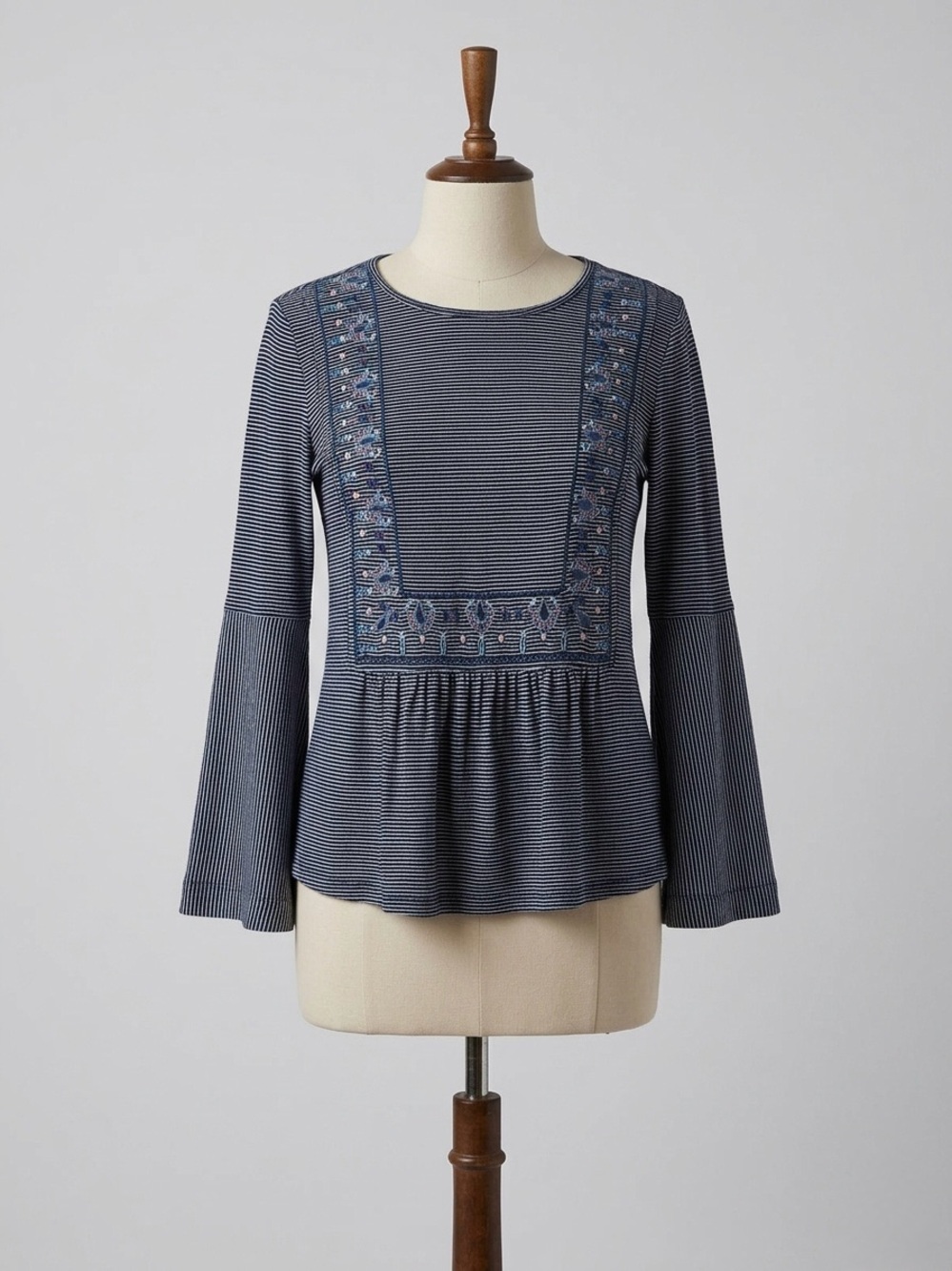 LOFT Blue & White Striped Embroidered Peasant Blouse